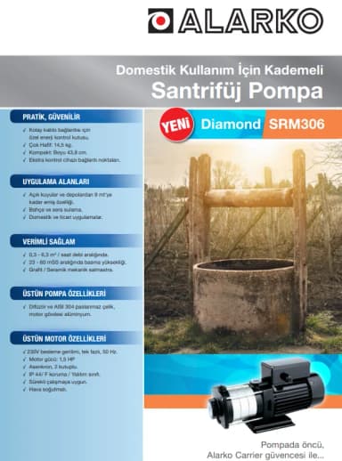Alarko SRM 306 Paslanmaz Çok Kademeli Pompa – 1,1 kW (1,5 HP), 1×220 V